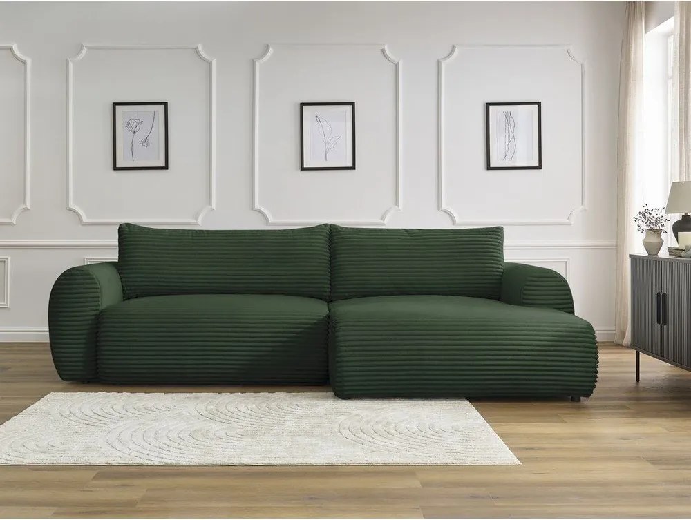 Divano angolare in verde scuro allungabile (con penisola a destra) con rivestimento in velluto a coste Lucien – Bobochic Paris