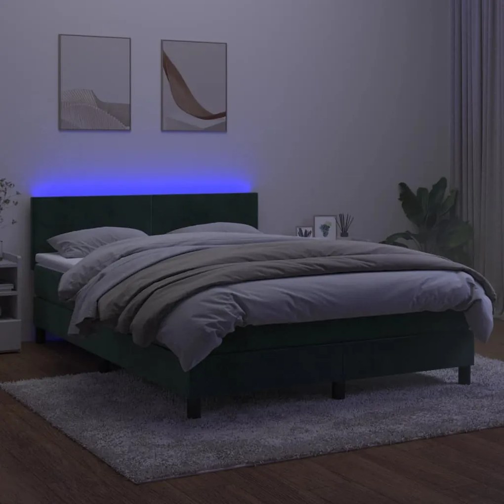 Letto a molle con materasso e led verde scuro 140x200cm velluto