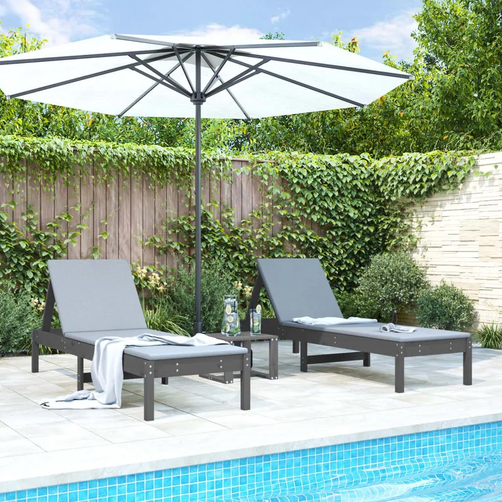 Lettini prendisole 2pz grigi 199,5x60x74 cm legno massello pino