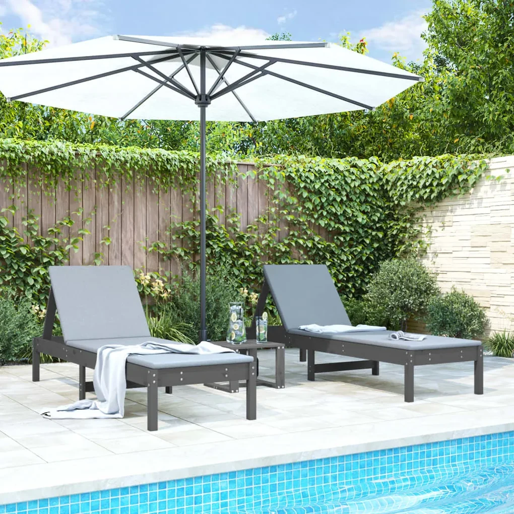 Lettini prendisole 2pz grigi 199,5x60x74 cm legno massello pino