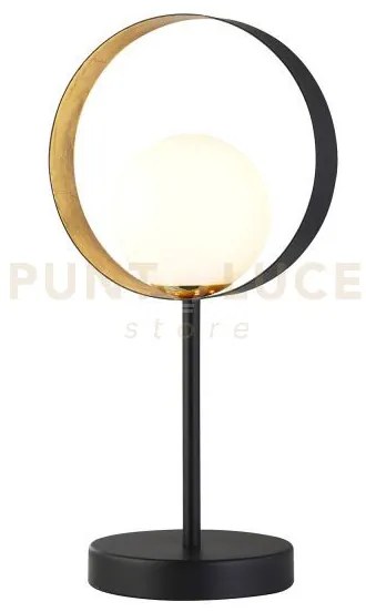 Lampada da tavolo orbital - metallo nero, foglia oro e vetro opalino