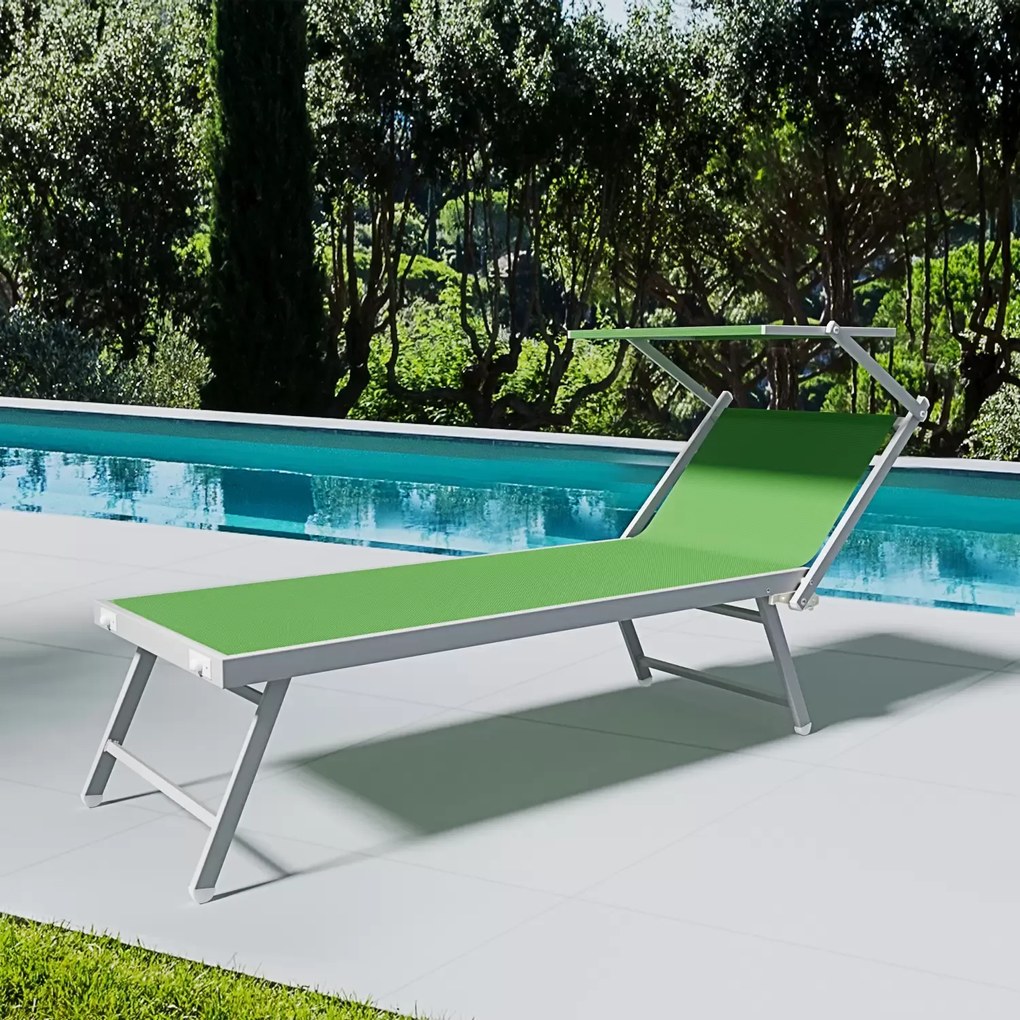 Lettino Verde Prendisole Pieghevole Professionale In Alluminio E Tessuto Textilene Tettuccio Orientabile Tettino Parasole Sdraio Prendi Sole Mare Spiaggia Piscina Giardino 182 x 60 x 38 cm