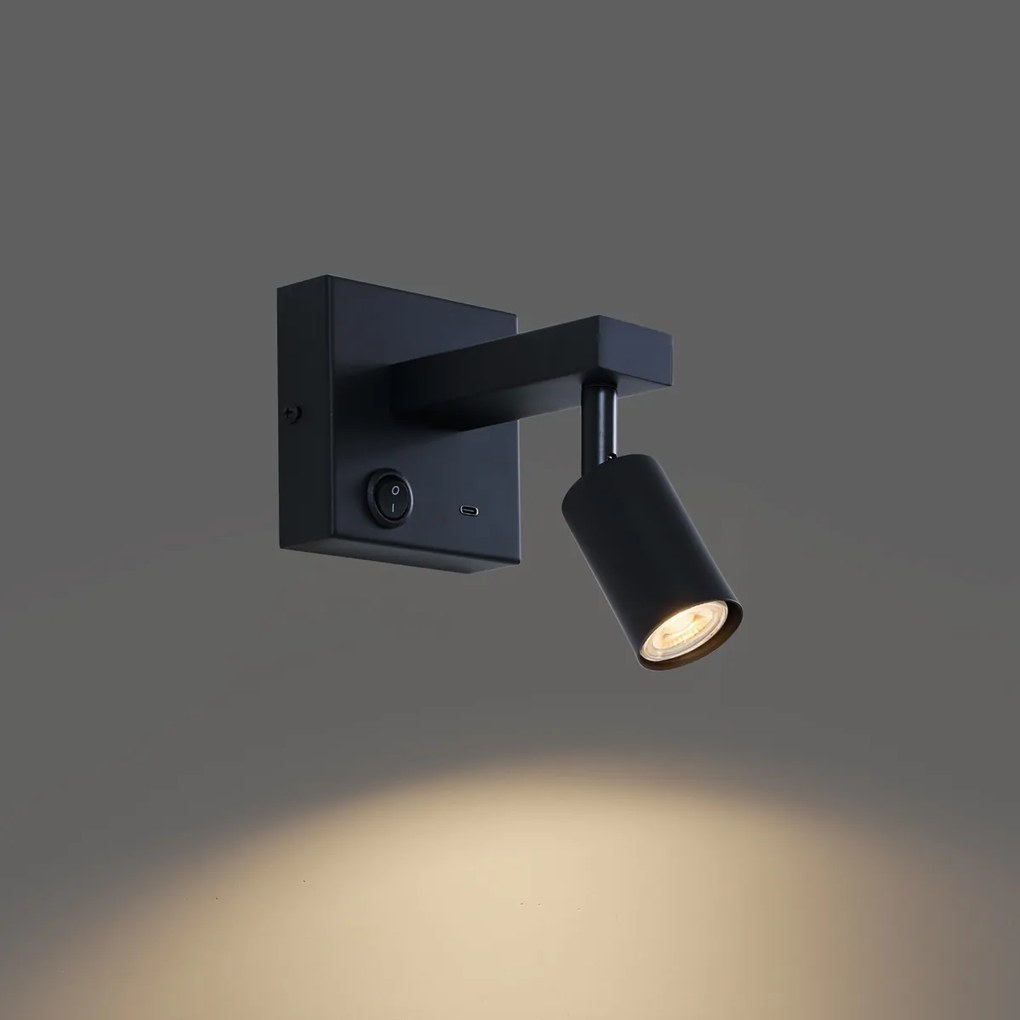 Lampada da parete nera moderna con USB-C inclinabile - Rex