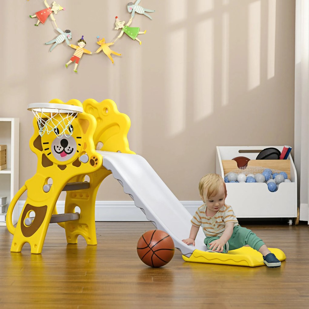 Scivolo per Bambini 131x50x74 cm con Canestro Laterale in PE Giallo e Grigio...