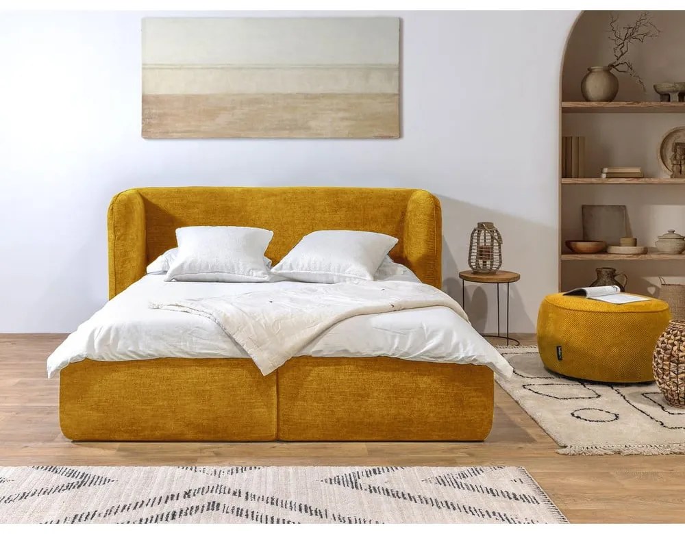 Letto matrimoniale imbottito giallo con contenitore con griglia 180x200 cm Louise - Bobochic Paris