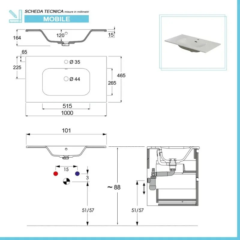 Mobile bagno sospeso 100 cm rovere naturale completo con lavabo Nadia