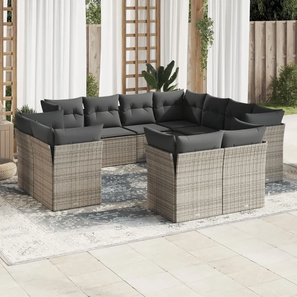 Set divani da giardino 11 pz con cuscini in polyrattan grigio