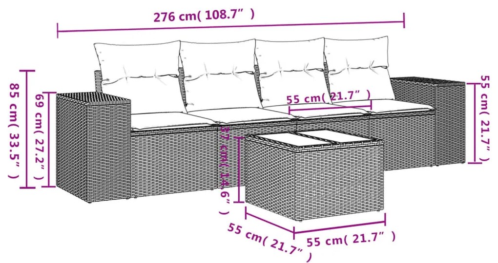 Set divani da giardino 5 pz con cuscini in polyrattan nero