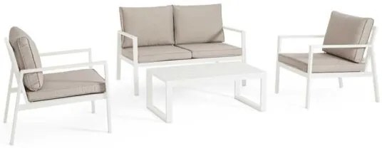 Salotto Hilde in Alluminio Verniciato Bianco – 1 Divano, 2 Poltrone e Tavolino