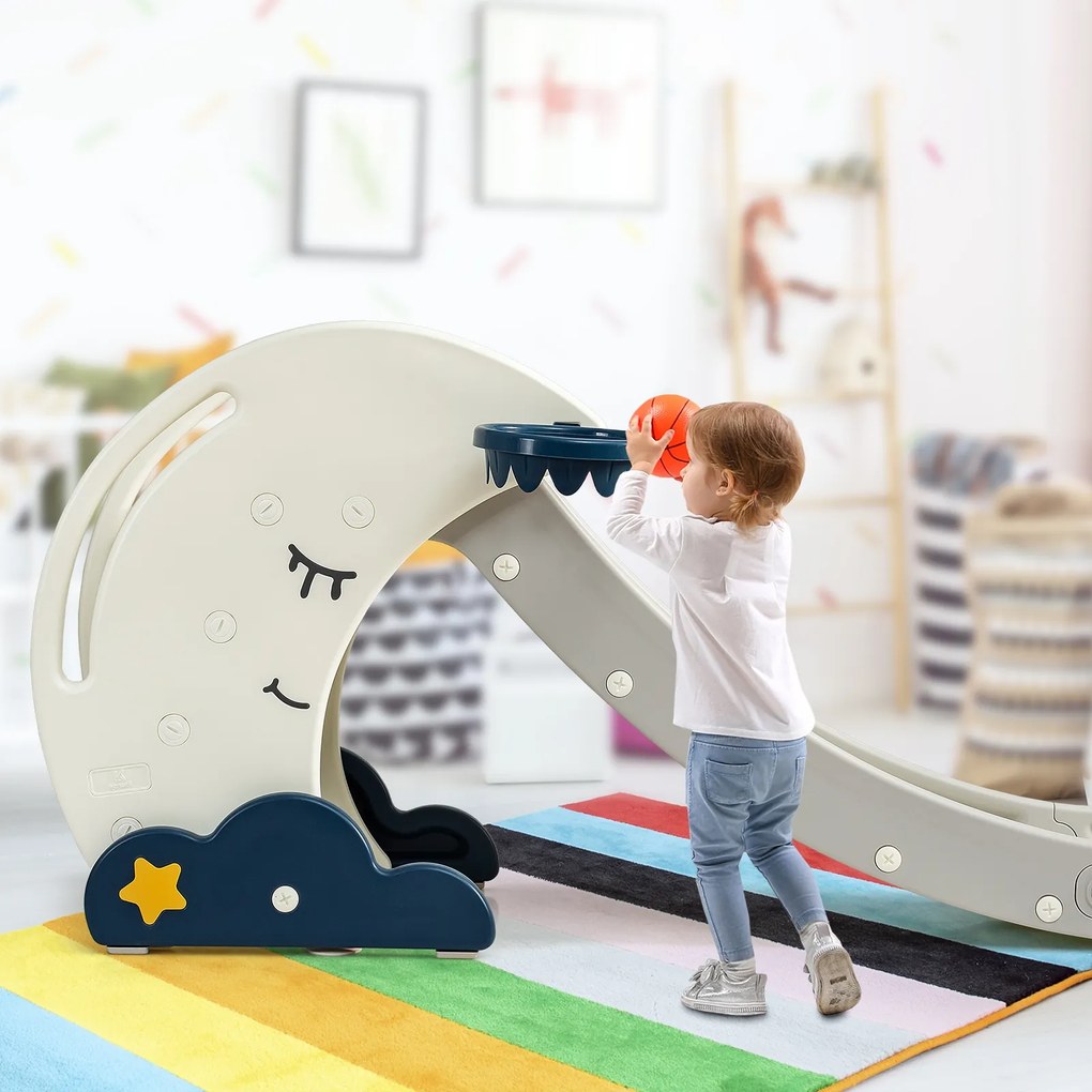 Costway Scivolo pieghevole a forma di luna con scale e canestro da basket, Scivolo per bambini per interno ed esterno