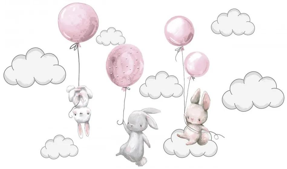 Adesivo murale per bambini per una bambina coniglietti allegri con palloncini rosa 80 x 76 cm