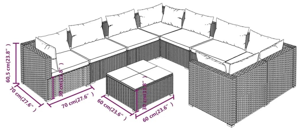 Set Divani da Giardino 9 pz con Cuscini in Polyrattan Grigio