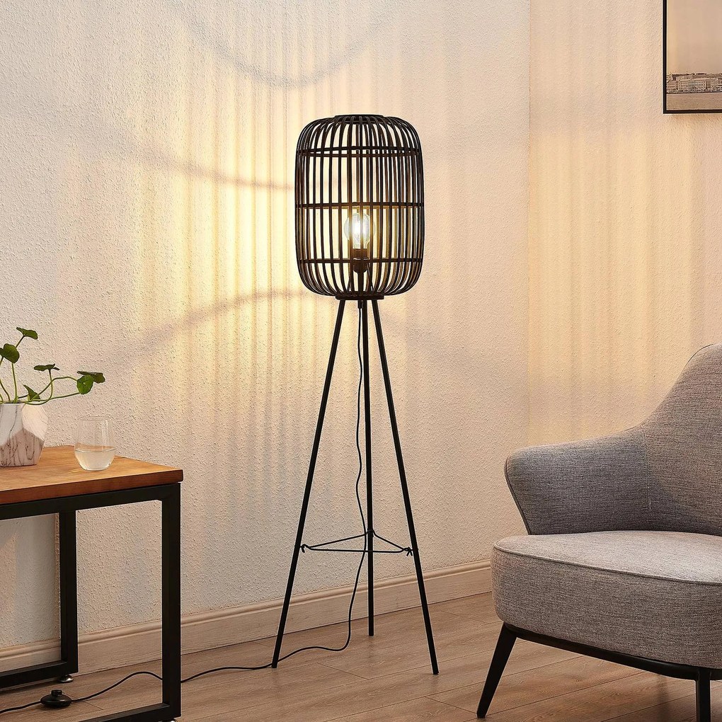 Lampada da terra Canyana Lindby, Nero, Soggiorno / Sala da pranzo, Legno, Campagna / Rustiche, Lampada da terra
