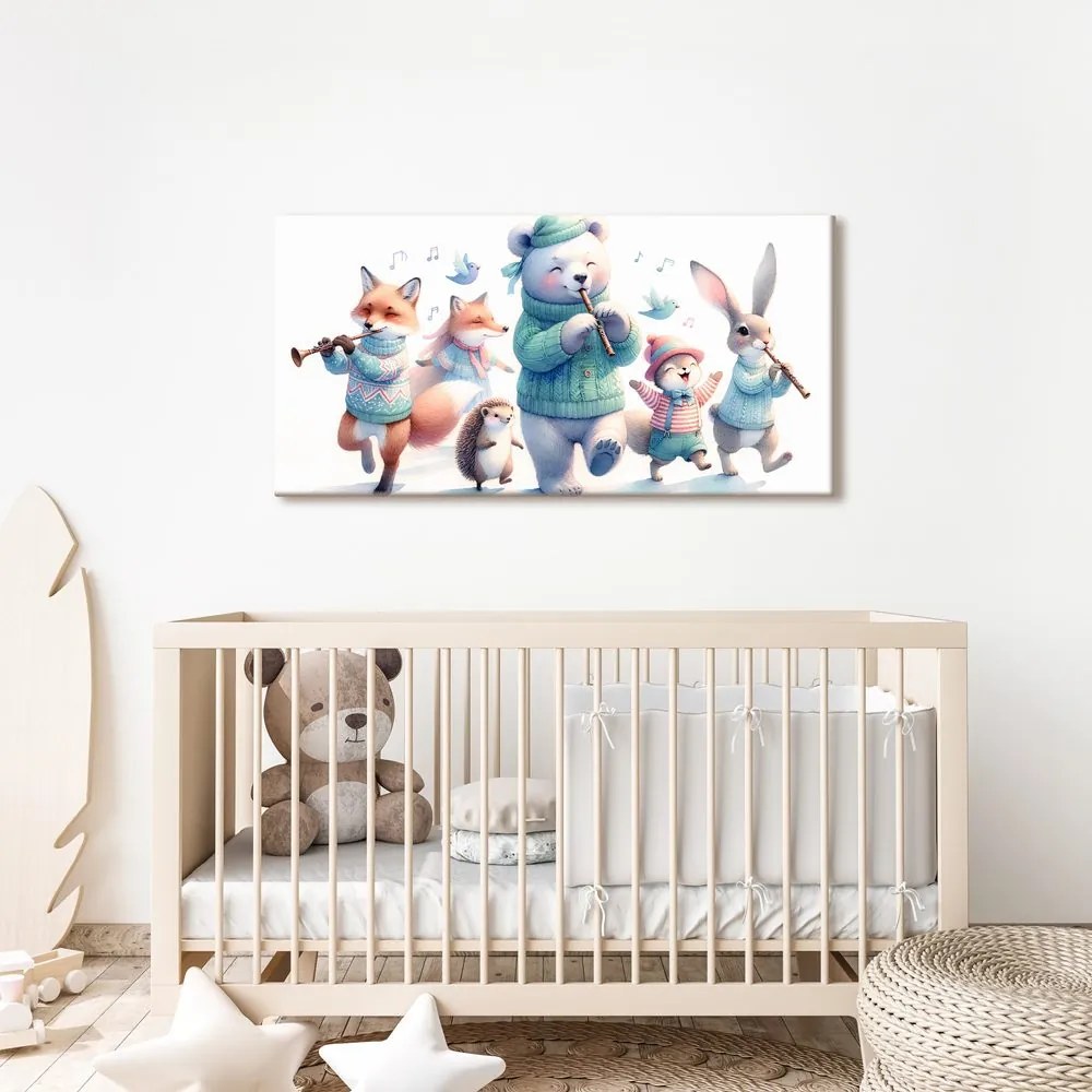 Quadro su tela – Dolci animaletti con flauti in inverno