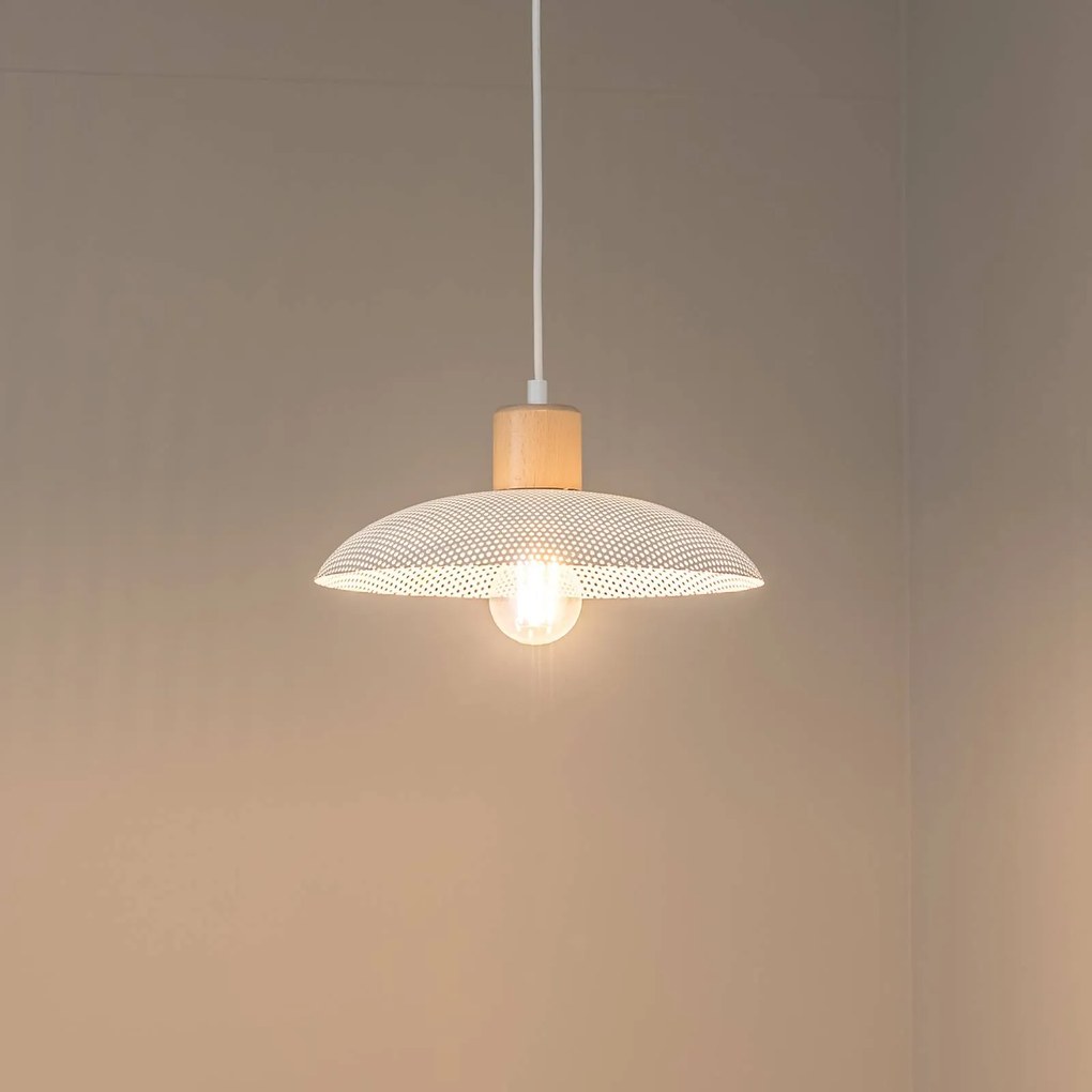 EMIBIG LIGHTING Lampada a sospensione Kobe, 1 luce, acciaio, legno, bianco