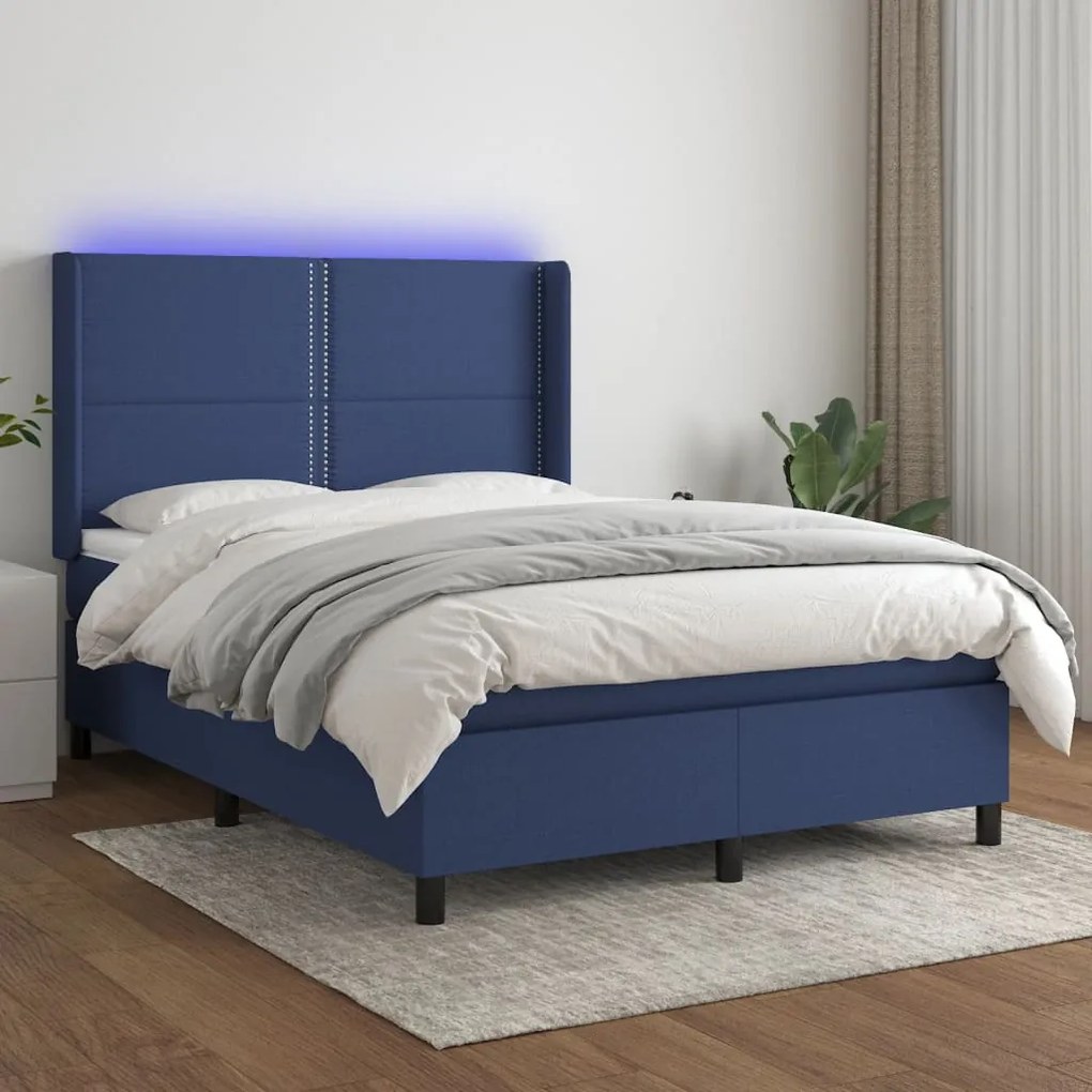 Letto a Molle con Materasso e LED Blu 140x190 cm in Tessuto