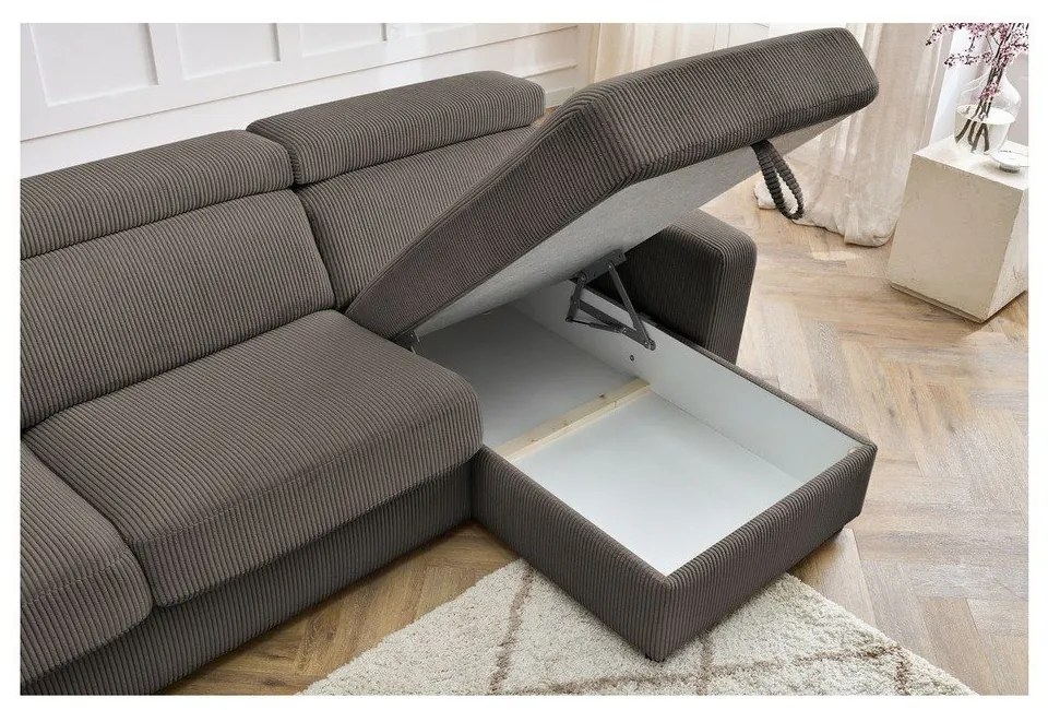 Divano angolare grigio/marrone allungabile (con composizione variabile) con rivestimento in velluto a coste Monaco – Bobochic Paris