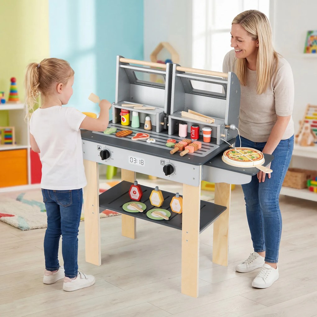 Costway Set di gioco per barbecue in legno per bambini con ricchi accessori, Gioco di griglia per bambini cibi giocattolo con 2 grill Grigio