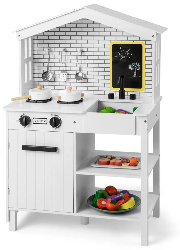 Costway Set da cucina giocattolo in legno con lavagna aggiuntiva ripiani ganci di stoccaggio, Cucina gioco bambini Bianco