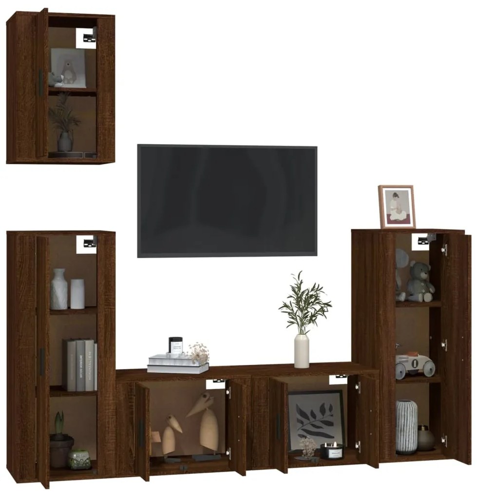 Set mobili porta tv 5 pz rovere marrone in legno multistrato