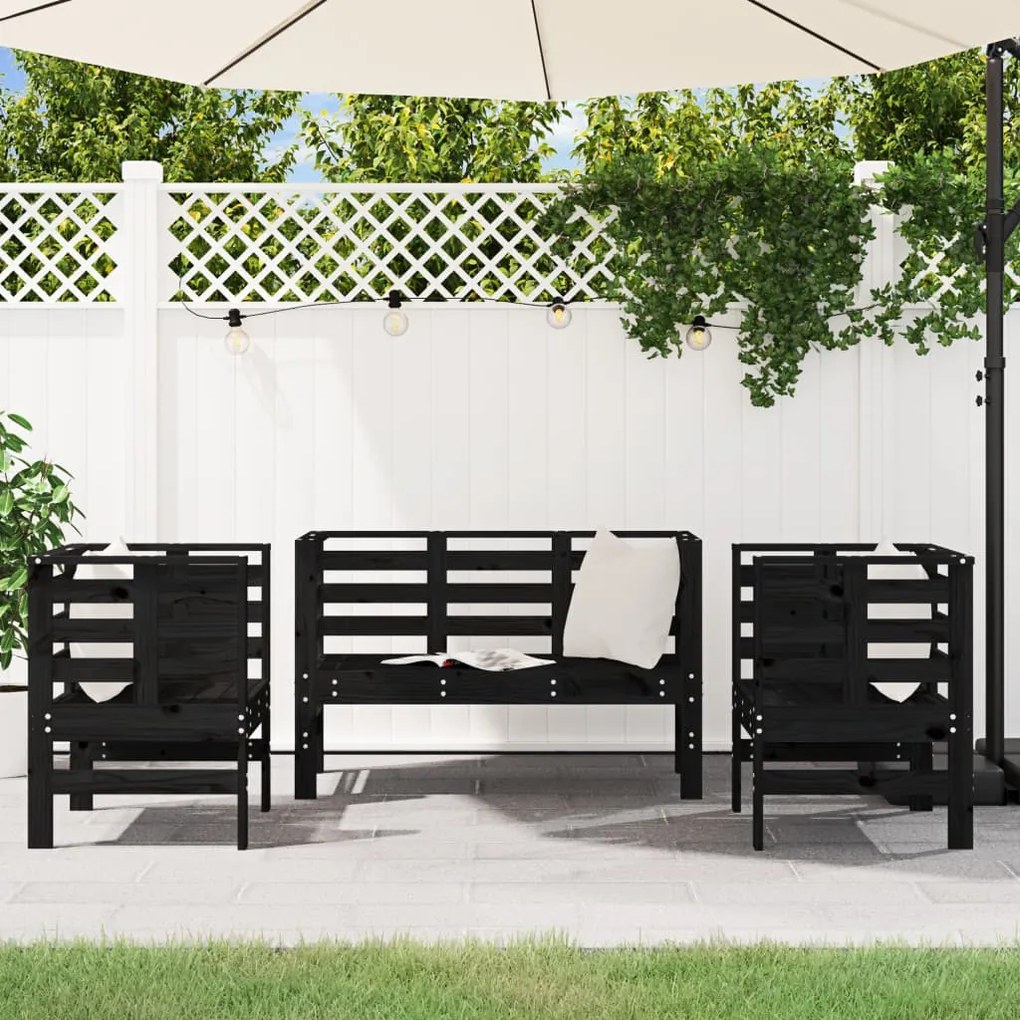 Set Salotto da Giardino 3 pz Nero in Legno Massello di Pino