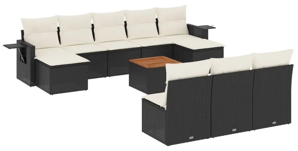 Set divani da giardino 11 pz con cuscini in polyrattan nero