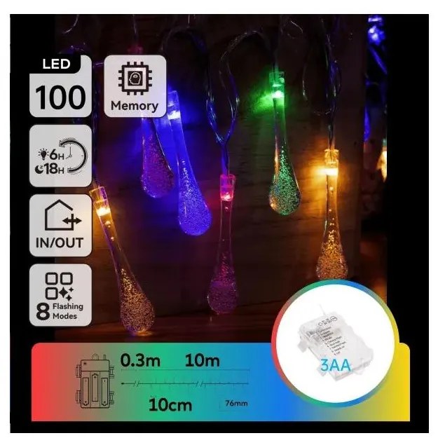 Aigostar - Catena luminosa natalizia da esterno a LED RGBY 100 LED/8 funzioni 3xAA 10m IP44 gocce