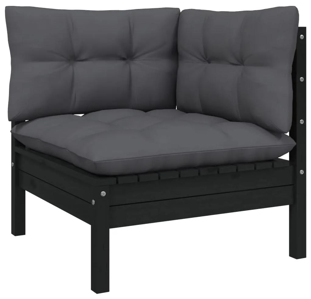 Set divani da giardino 5 pz con cuscini neri in legno di pino