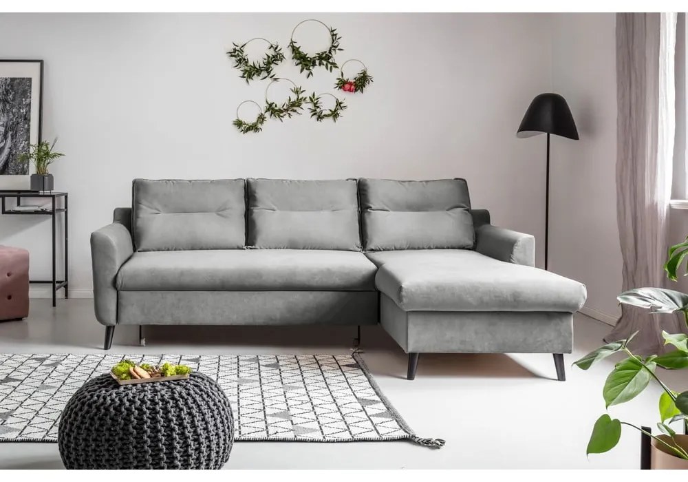 Divano letto angolare in velluto grigio chiaro, angolo destro Stylish Stan - Miuform