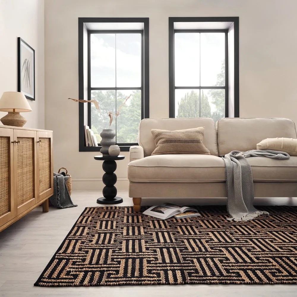 Tappeto nero/di colore naturale in misto iuta tessuto a mano 160x230 cm Meander Jute – Flair Rugs