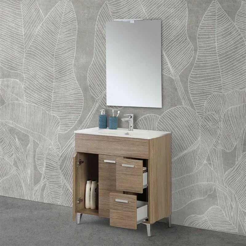 Mobile bagno a terra 80 rovere tropea con top e specchiera LED Martha