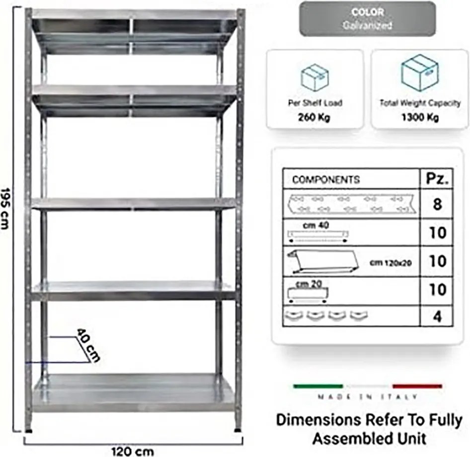 Scaffale in Metallo 5 Ripiani 120x40x195 cm Maciste Zincato...