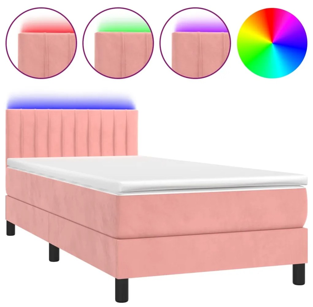 Letto a Molle con Materasso e LED Rosa 100x200 cm in Velluto