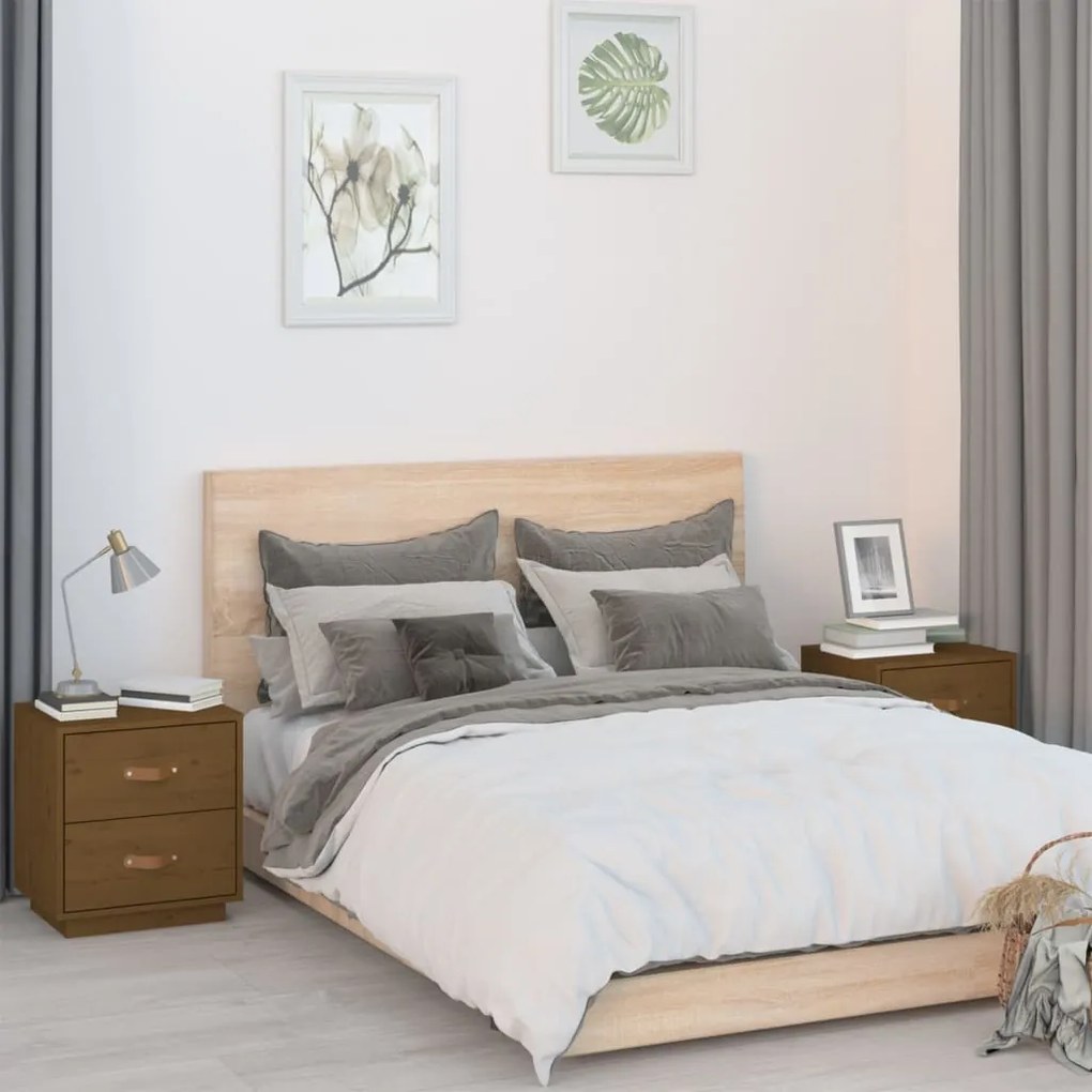 Comodini 2 Pz Ambrati 40x34x45 Cm İn Legno Massello Di Pino /