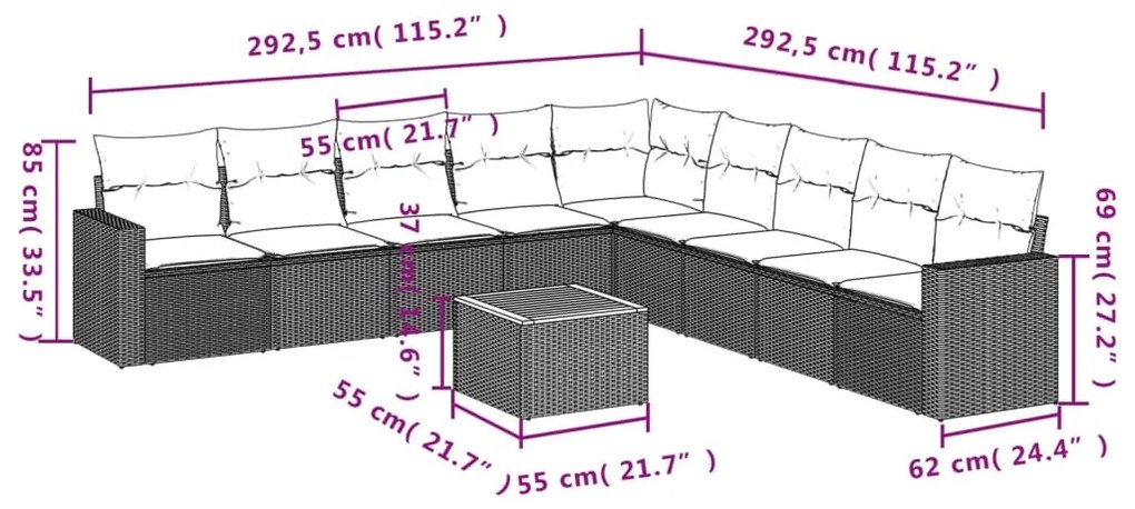 Set Divani da Giardino 10pz con Cuscini in Polyrattan Nero