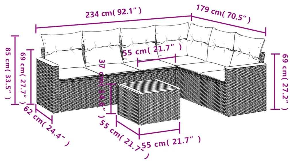 Set Divani da Giardino 7 pz con Cuscini Grigio in Polyrattan