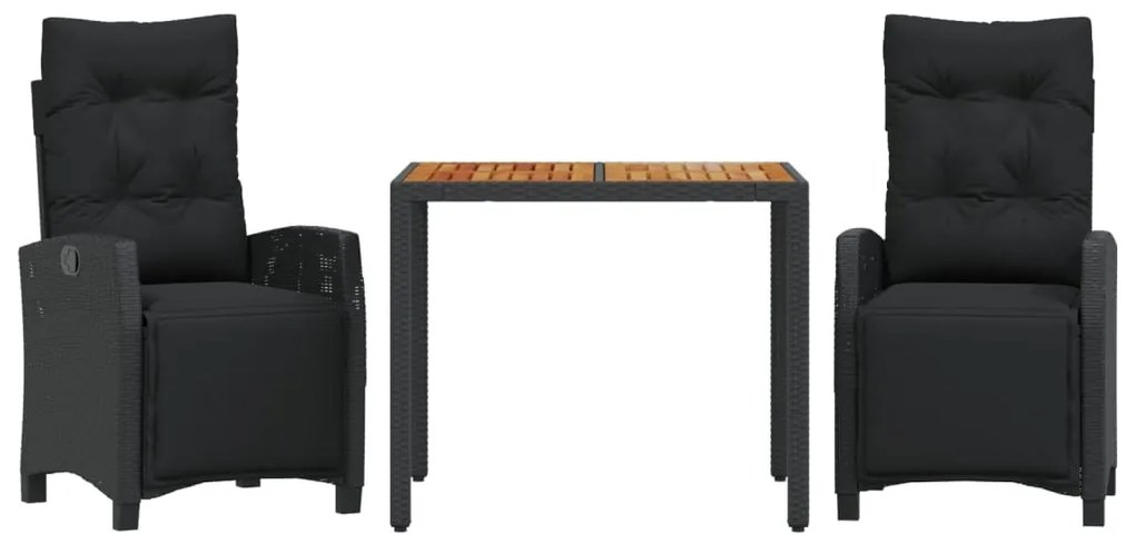 Set da pranzo da giardino 3 pz con cuscini nero in polyrattan