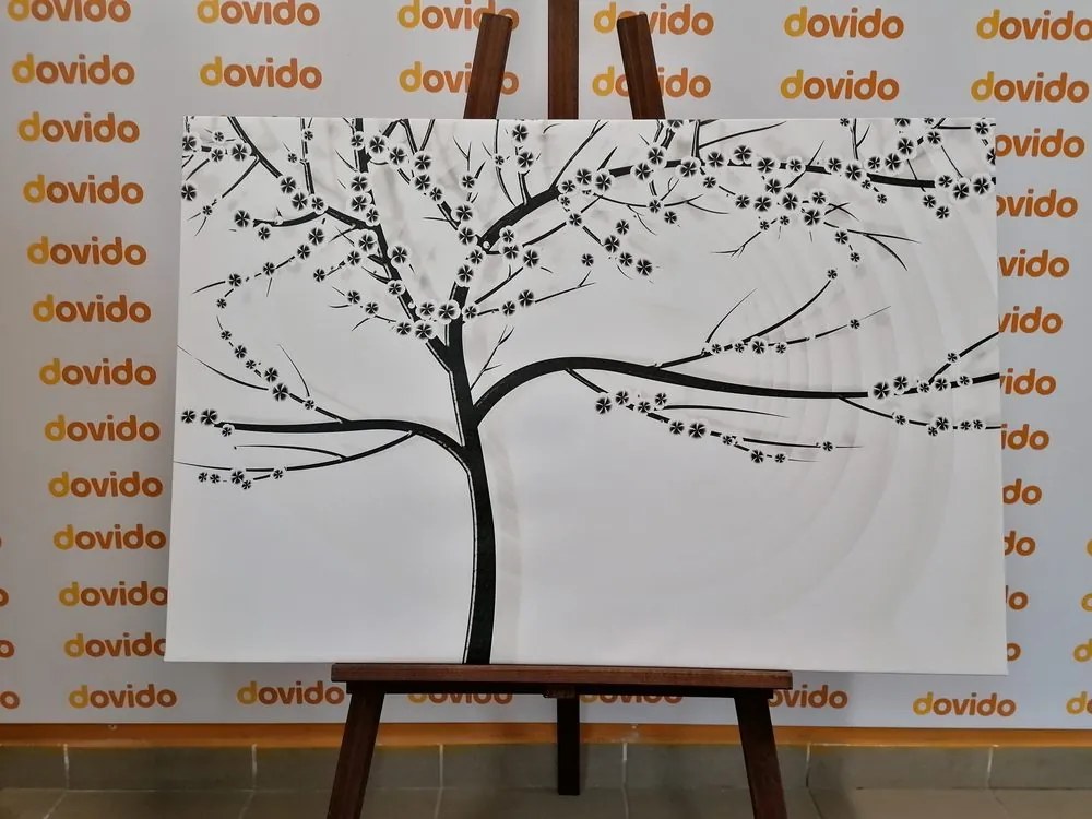 Stampa su tela – Albero moderno in bianco e nero su sfondo astratto