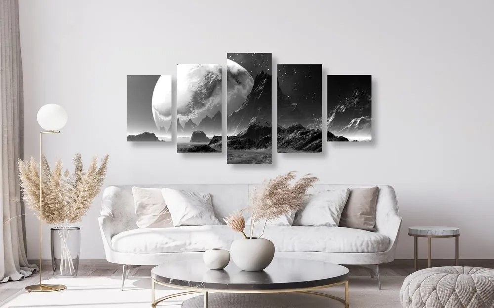 Quadri 5 pezzi – Paesaggio fantastico in bianco e nero