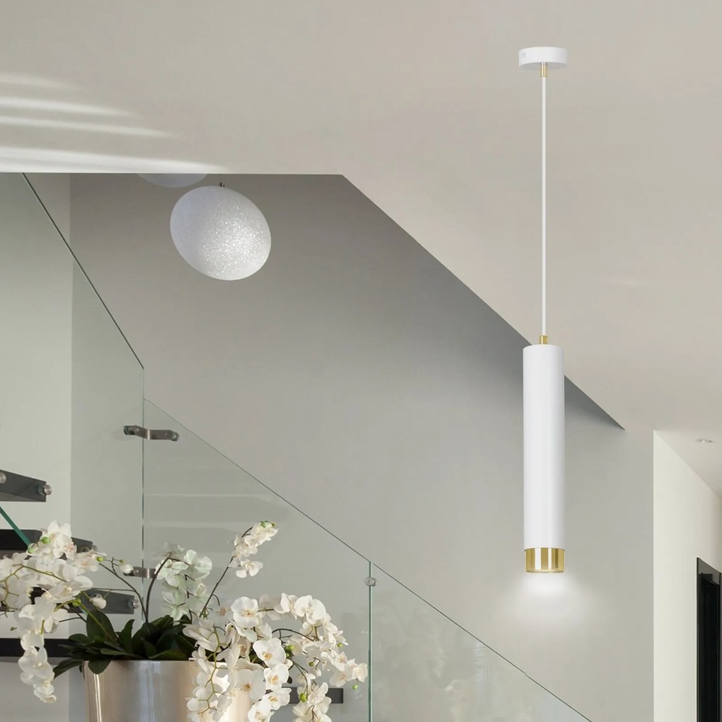 Sospensione 1 Luce Kibo In Acciaio Bianco Con Tubolare In Bianco E Oro