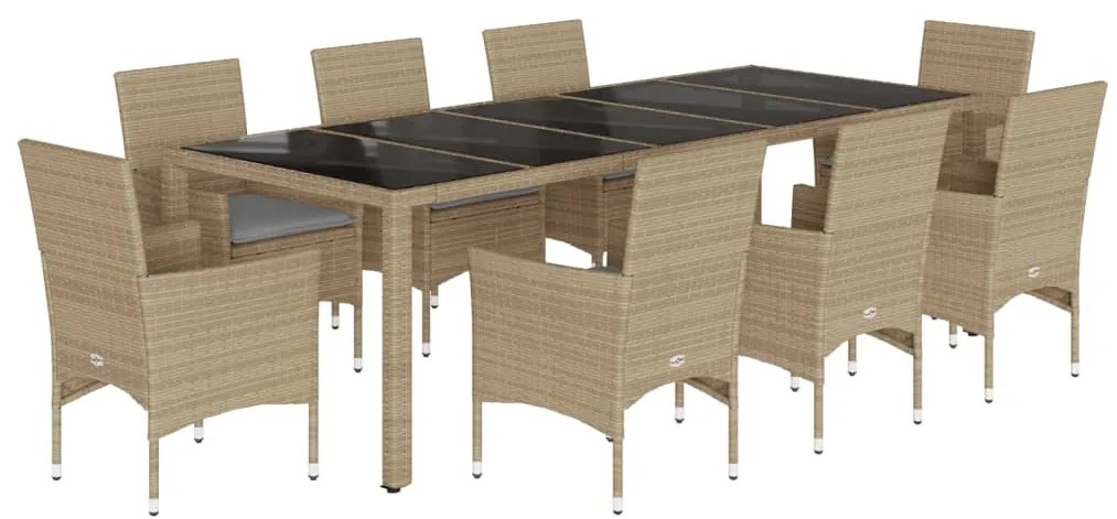 Set da pranzo da giardino 9 pz con cuscini polyrattan e vetro