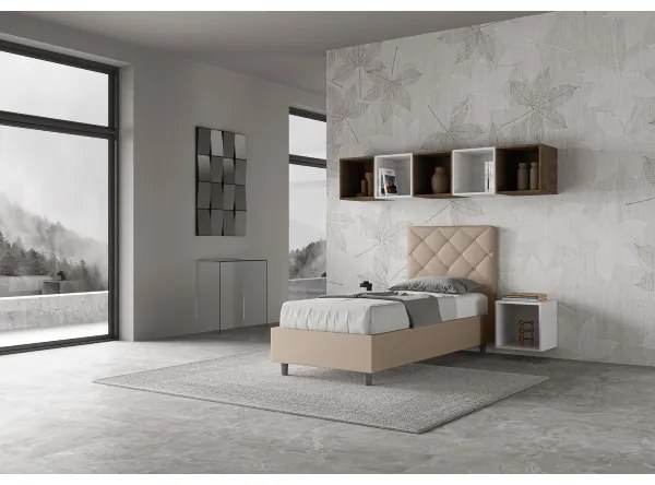 Letto singolo contenitore imbottito 80x200 similpelle tortora Priya