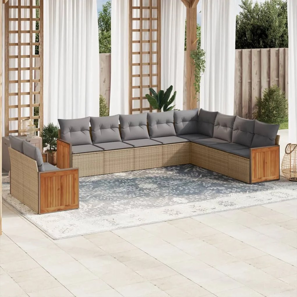 Set divano da giardino 10 pz con cuscini beige in polyrattan