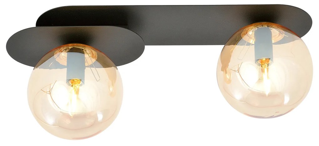Plafoniera Minimal 2 Luci Teia In Acciaio Nero E Sfere Vetro Ambra