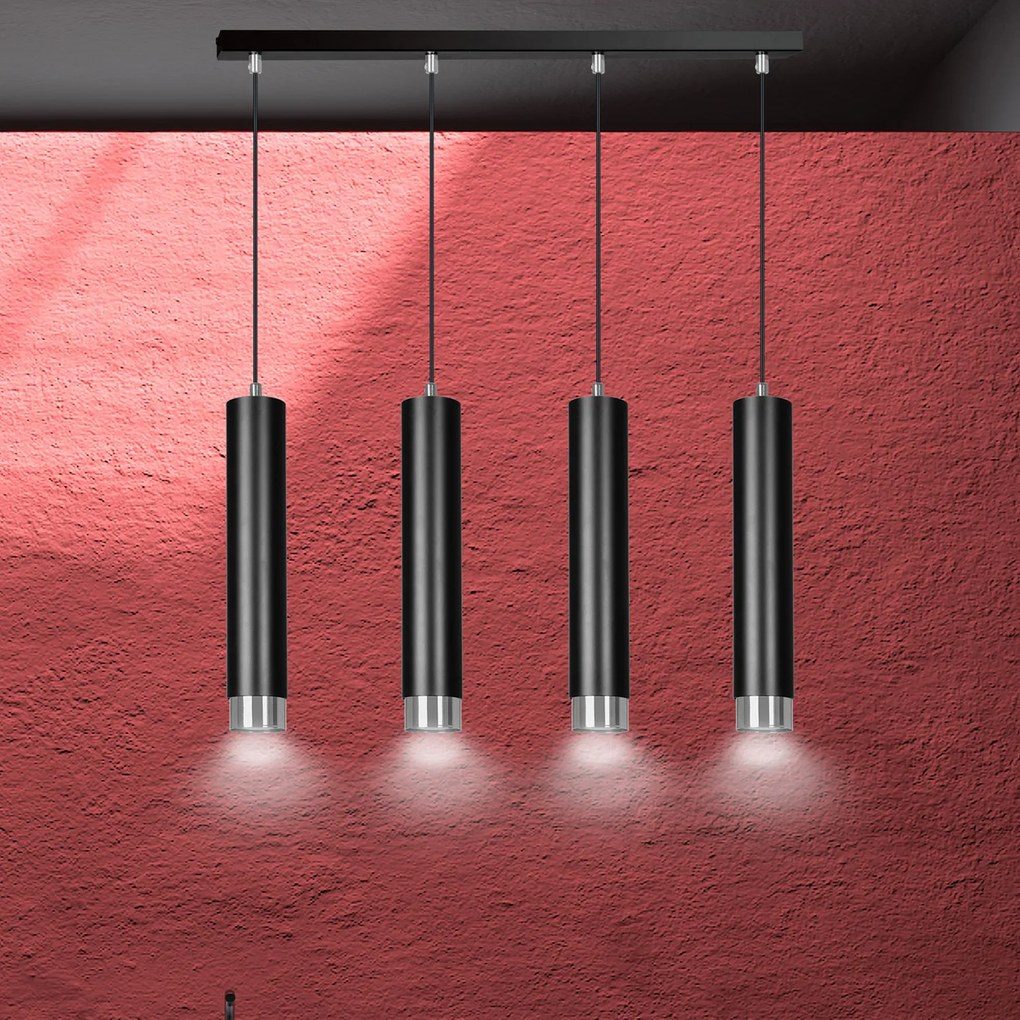 Lampadario 4 Luci Brunilde In Acciaio Nero E Tubolari In Nero E Cromo