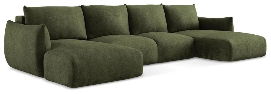 Divano angolare verde allungabile (a U) con rivestimento in ciniglia Leila – Makamii