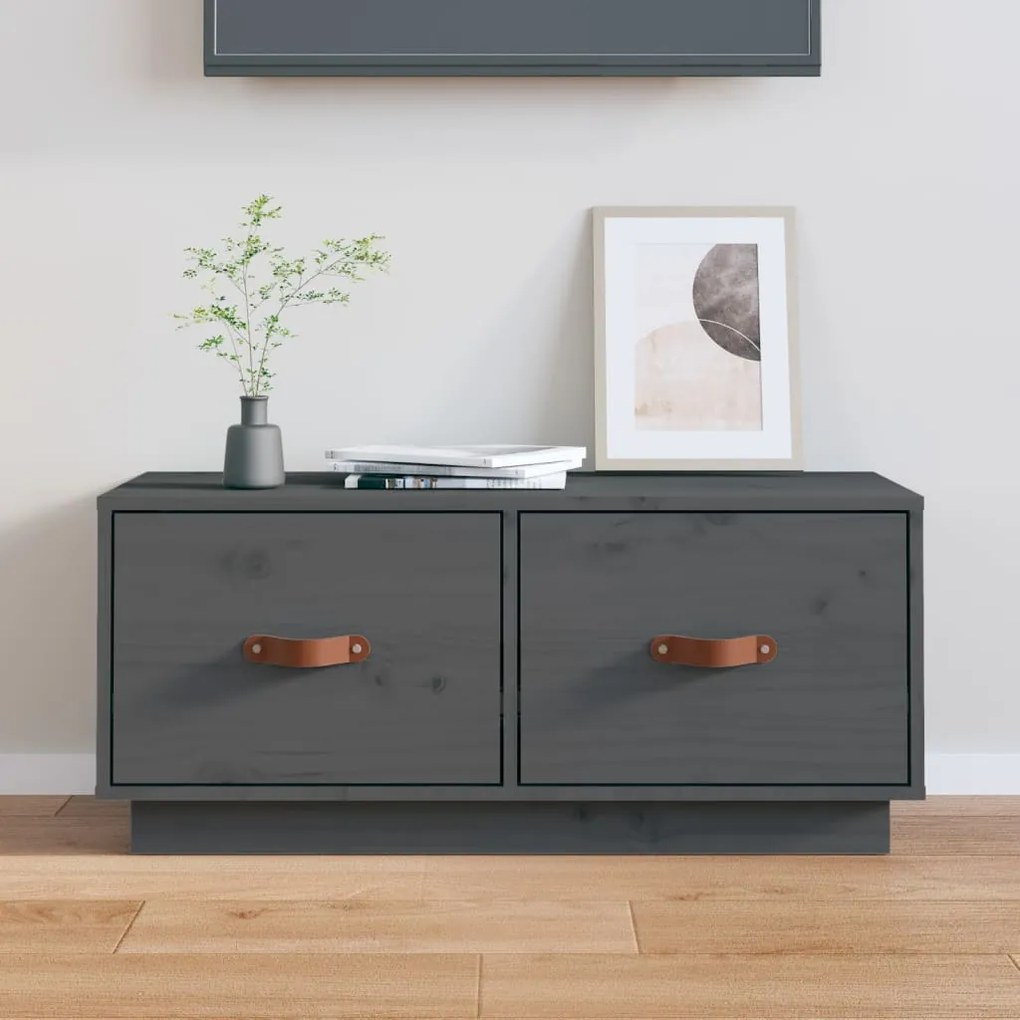 Mobile Porta Tv Grigio 80x34x35 Cm İn Legno Massello Di Pino /