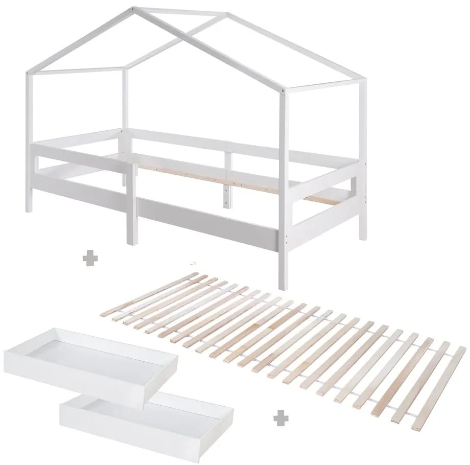 Letto da bambini a forma di casa bianco in legno massiccio con contenitore con rete inclusa 90x200 cm – Roba