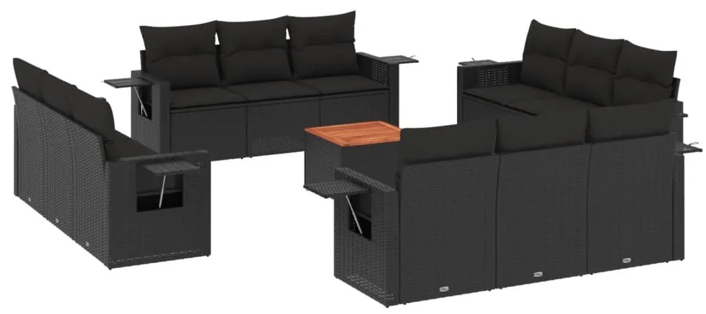 Set divani da giardino 13pz con cuscini nero in polyrattan