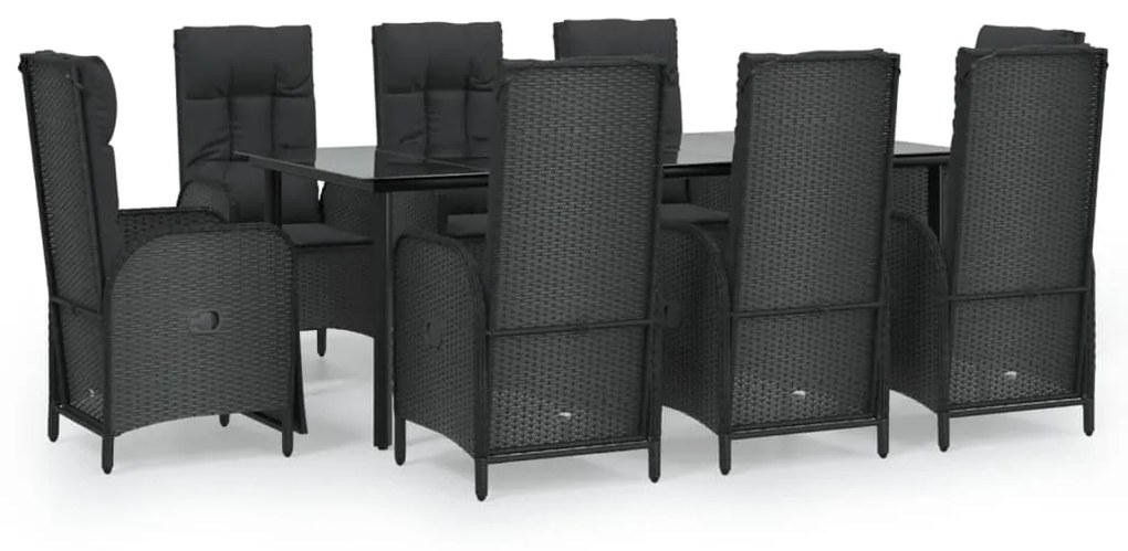 Set da pranzo da giardino 9 pz con cuscini nero in polyrattan